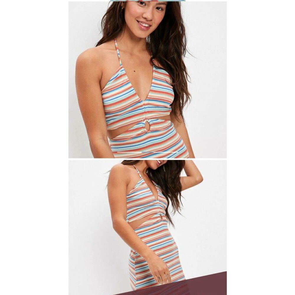 NEW American Eagle OBX Outer banks knit cut out striped mini dress halter blue L